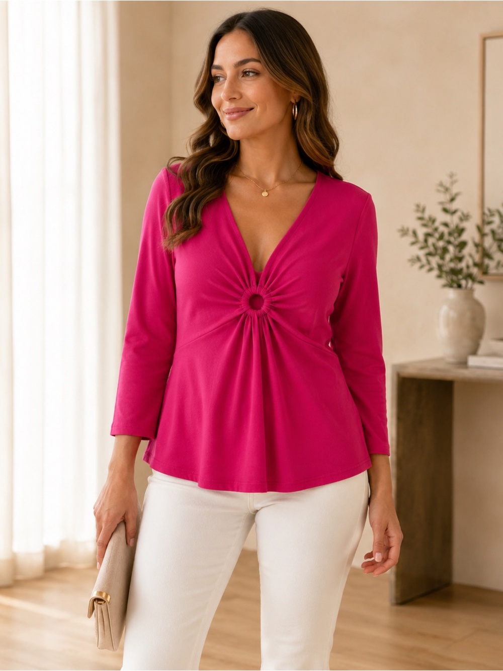 Bold Elements Fuchsia Ring Detail V-Neck Top 3/4 Sleeve Size Large